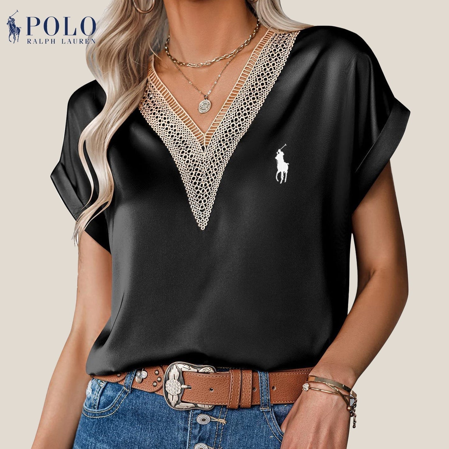 RL Satin Lace V-Neck Blouse
