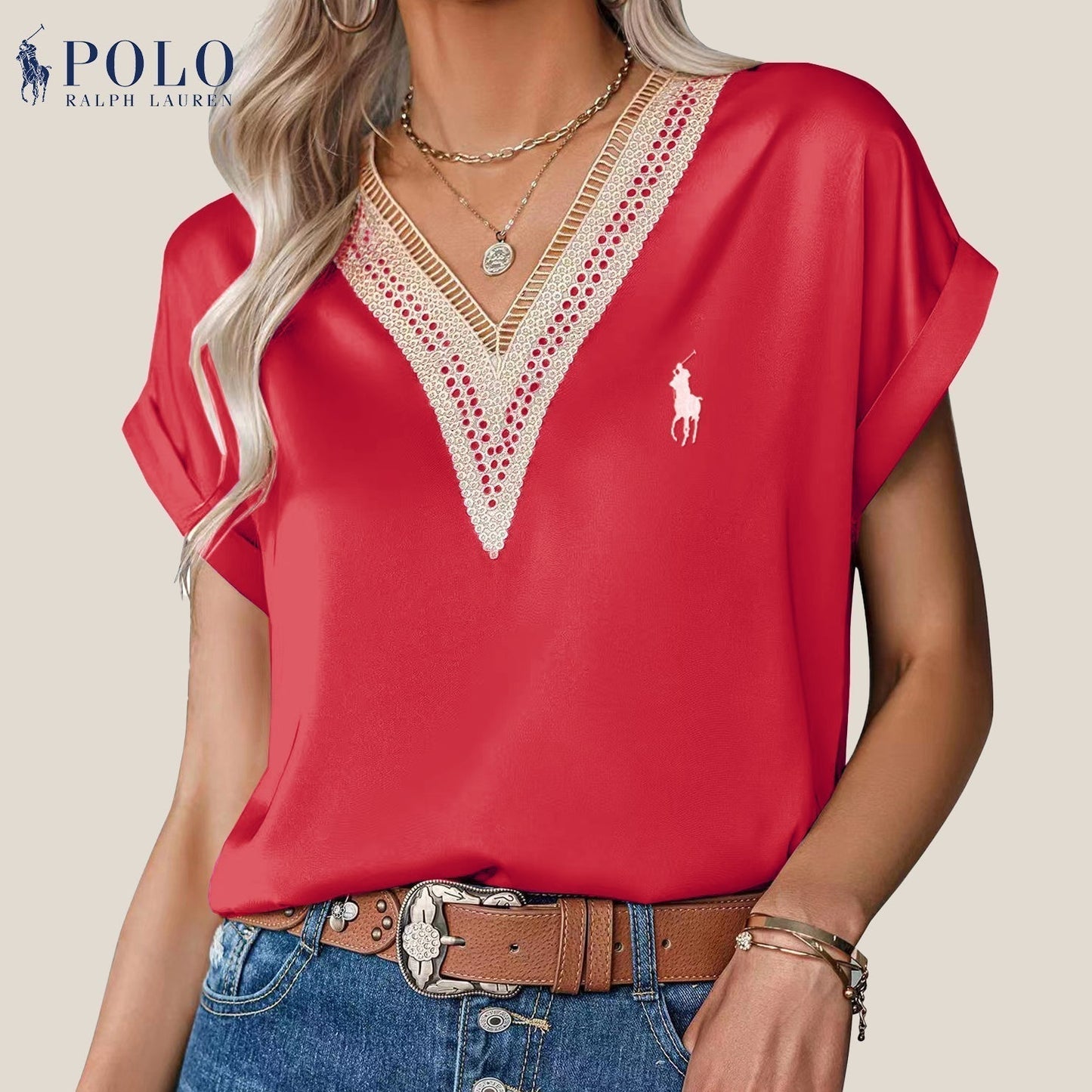 RL Satin Lace V-Neck Blouse