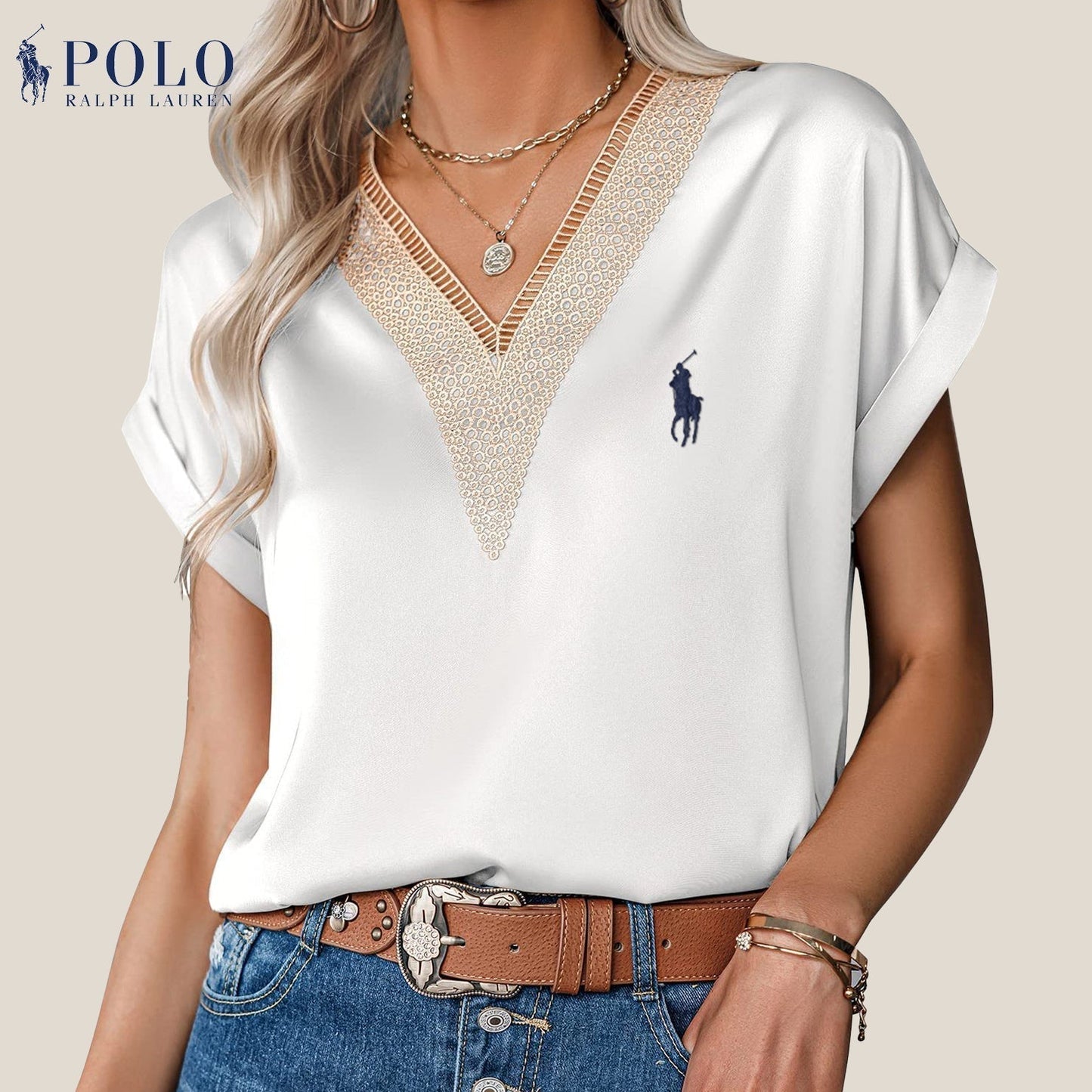 RL Satin Lace V-Neck Blouse