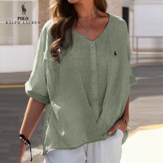 RL Women’s Linen V-Neck Ruffle Shirt